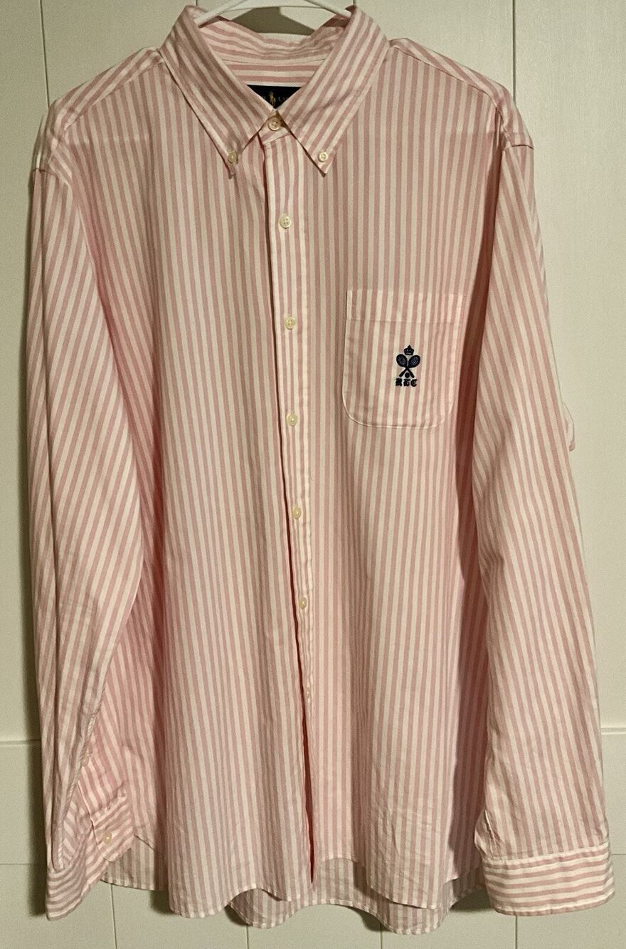 Ralph Lauren Mens Pink and White Striped Long Sleeve Button Up Shirt Size XL